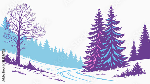 A serene winter landscape with trees and a snowy path Vector