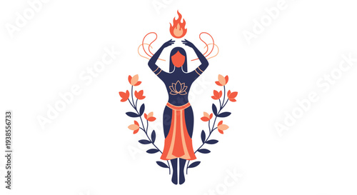 Woman with Flame Above Head, Floral Surround, Mystical Energy Symbol