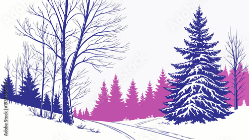 A pink and blue winter landscape with trees and snow Vector