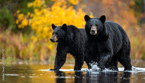 Two black bears wade in shallow water, bright autumn foliage in background, nature scene