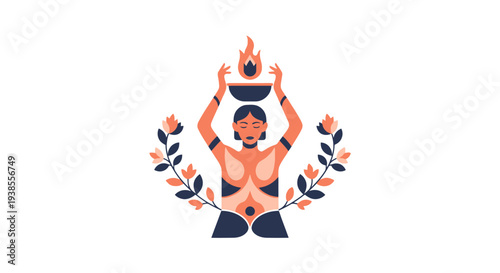 Woman holding fire bowl, spiritual ritual, floral wreath, abstract illustration