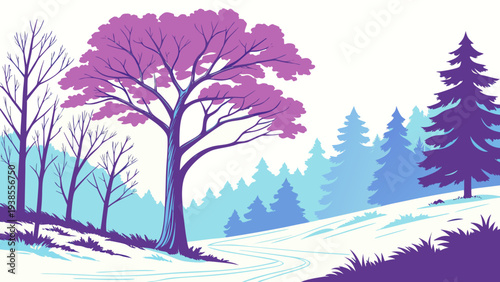 A colorful winter landscape with trees on a snowy hill Vector