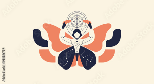 Abstract Butterfly Woman with Cosmic Constellations and Geometric Mandala