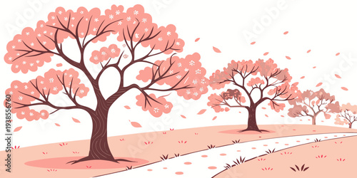 A serene landscape with cherry blossom trees Vector