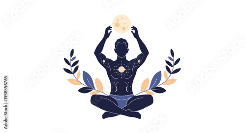 Man meditating under moon and stars, spiritual connection, cosmic energy, inner peace