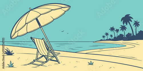A beach scene with a chair and umbrella Vector