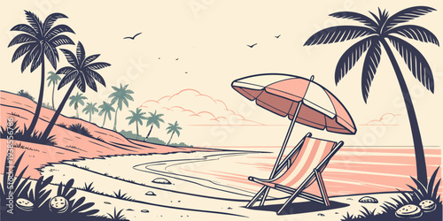 A beach scene with a chair and umbrella Vector