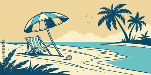 A beach scene with a chair and umbrella Vector
