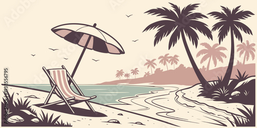 A beach scene with a chair and umbrella Vector