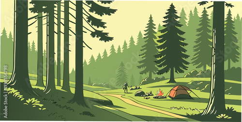 A serene forest landscape with a campfire Vector
