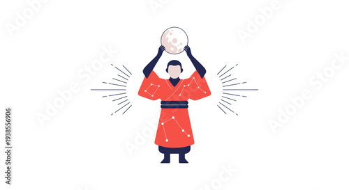 Person in Kimono Holding Moon with Star Constellations and Rays