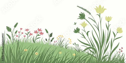 A colorful illustration of flowers and grass on a white background Vector