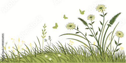 A blurry image of grass and flowers on a white background Vector
