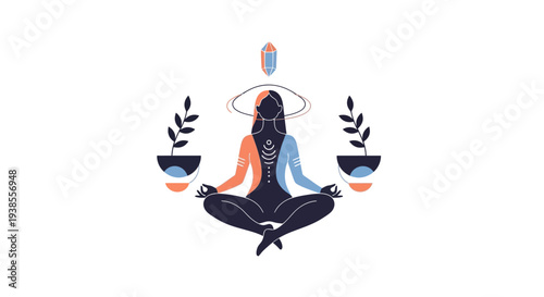 Woman Meditating in Lotus Pose, Inner Peace, Balance, Crystal, Plants