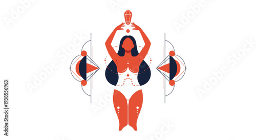 Woman holding cocktail, abstract geometric design, minimalist illustration