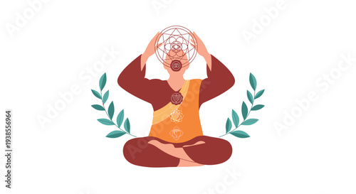 Person Meditating with Chakras and Sacred Geometry Symbol Above Head