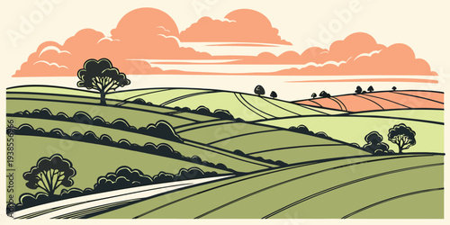 A serene countryside landscape with rolling hills and trees Vector
