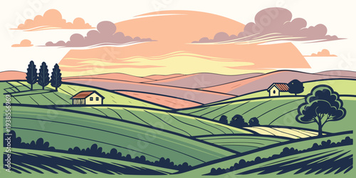 A serene pixelated landscape at sunset Vector