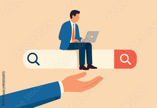Search box, SEO search engine optimization or finding website from internet, online job or career opportunity concept, woman working with computer laptop on search box with magnifying glass button