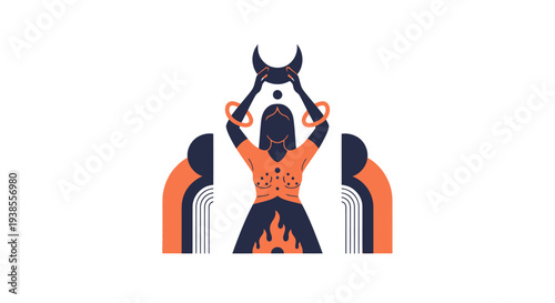 Mystic Woman Holding Crescent Moon, Tribal Ritual, Boho Style