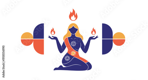 Woman with Chakras and Flames, Yoga, Meditation, Spiritual Energy