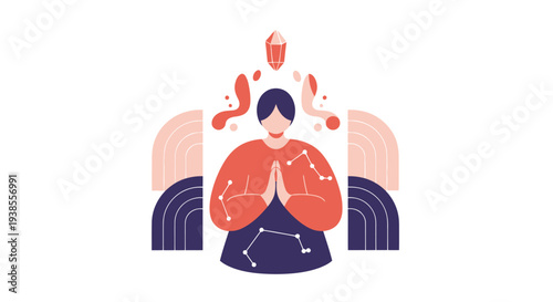 Person meditating with crystal and celestial constellations, spiritual connection