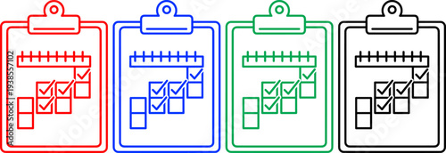 Checklist clipboard with check marks and progress bar in red blue green and black line icons