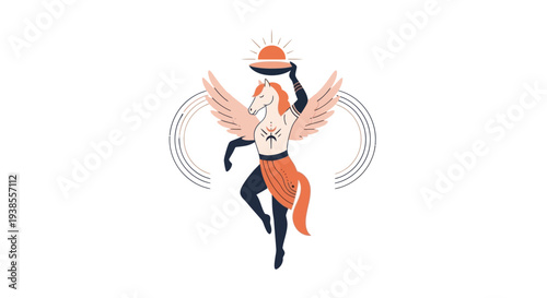 Mythical Pegasus Creature with Sun Offering and Celestial Symbols