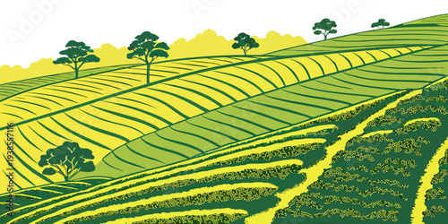 A green and yellow field with trees on a hillside Vector