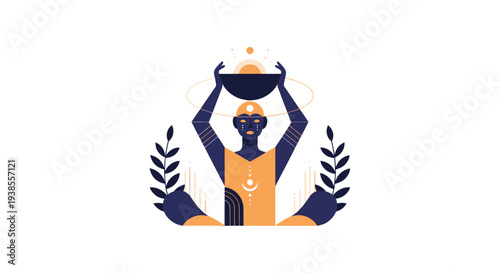 Stylized figure carrying bowl with sun, abstract design, laurel wreath on white background