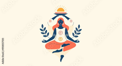 Woman Meditating with Chakras and Sun Symbol, Spiritual Balance, Yoga Pose