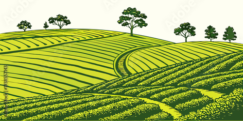 A green hillside with trees and a field of grass Vector