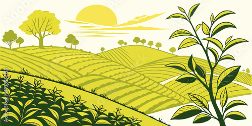 A serene landscape of rolling hills and trees under a sunny sky Vector