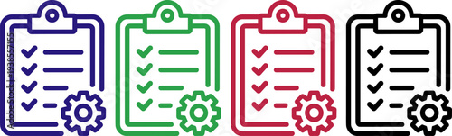 Clipboard with checklist and gear icon, task completion and process management, project plan