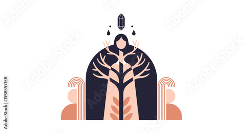 Mystical Woman with Antlers and Crystals, Nature Spirit, Abstract Art