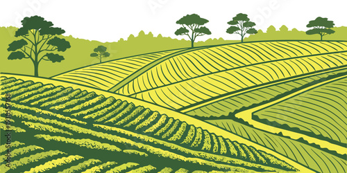 A green field with trees on a hillside Vector