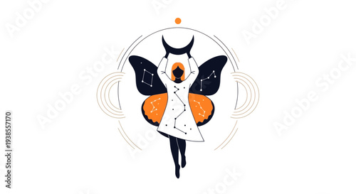 Woman holding moon with butterfly wings, celestial, abstract, mystic, spiritual art