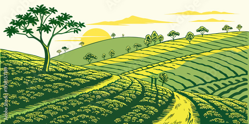 A serene landscape of rolling hills and fields with a tree Vector