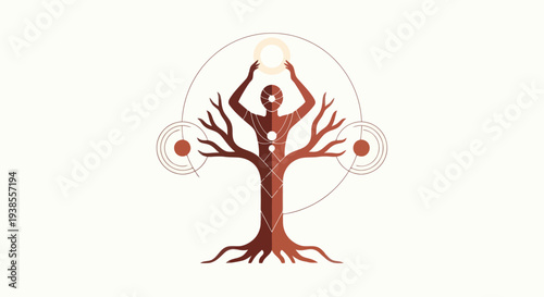 Humanoid tree of life with glowing aura, spiritual and cosmic connection