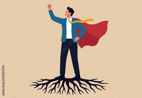 Resilience, strength to survive crisis problems, endurance or vitality to recover from trouble, perseverance or flexibility to change concept, businessman super hero with strong roots as resilience.