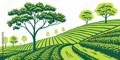 A green landscape with trees and a winding path Vector