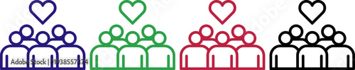 Diverse group of people icon illustration representing community, connection, and togetherness with colorful hearts.