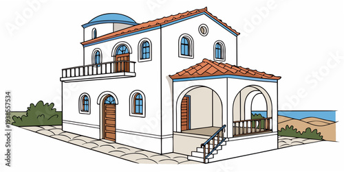 A white house with a red roof and a balcony Vector