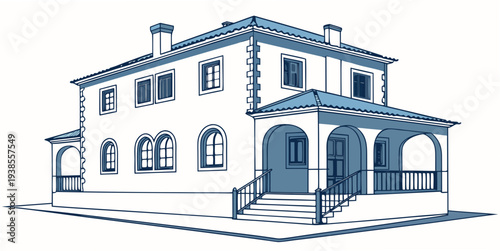 A blue and white drawing of a large house Vector
