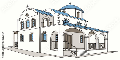 A white building with blue domes and a covered porch Vector
