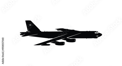 A stark black silhouette of a large heavy bomber aircraft is prominently displayed against a white background silhouette
