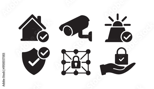 Home security and safety icons with checkmark for verified protection and secure system assurance