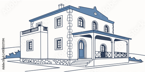 A white house with a blue roof and a porch Vector