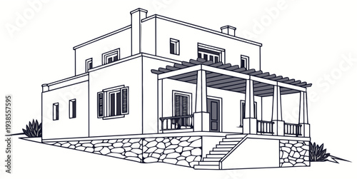 A large house with a porch and a stone wall Vector