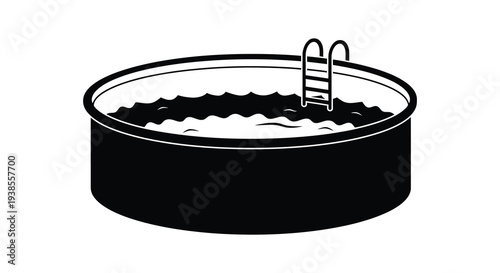 A stark black and white illustration depicts a round above ground swimming pool with a ladder a minimalist silhouette high quality professional